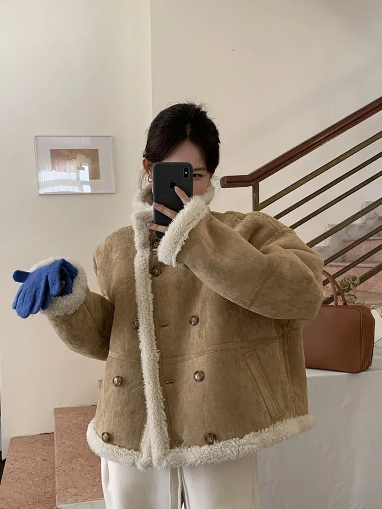 

Women Autumn Winter Quilted Coats Korean Retro Niche Stand Up Collar Double Breasted Loose Versatile Long Sleeved Jacket D5618