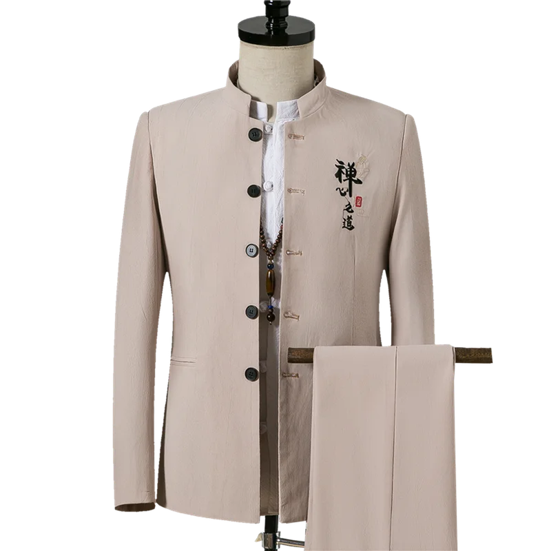 Costume traditionnel chinois pour hommes, 2 pi?�ces, manteau ?� col montant, veste ?� manches 