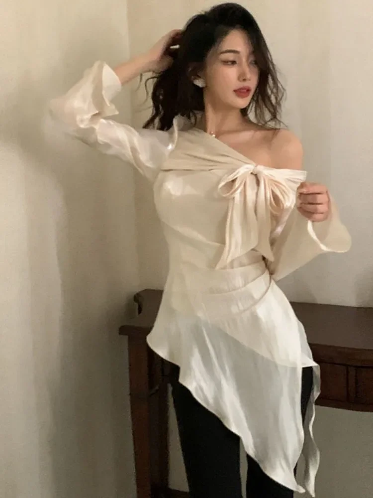 

Y2k Aesthetic Pleated Skew Collar Solid Women Blouse Sexy Slim Grunge Bandage Bow Shirt Harajuku Irregular Streetwear Blusas