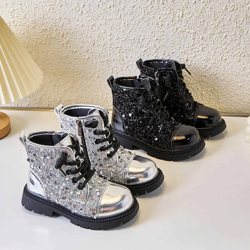 브랜드 걸 부츠 2025 가을 신상 영국 스타일 여아 신발 패션 스팽글 앵클 부츠 캐주얼 키즈 슈즈 플러시 다용도 여성 부츠