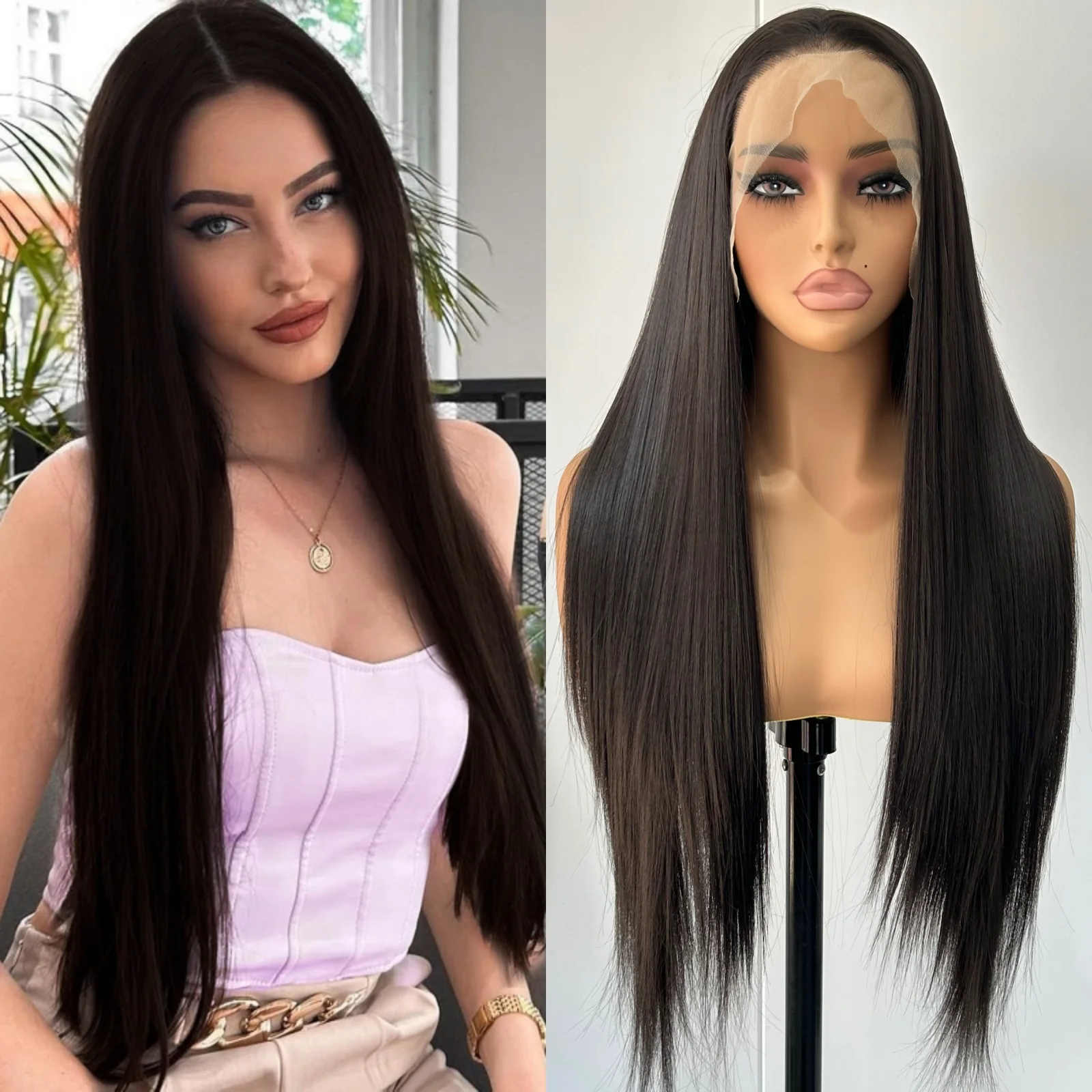 Synthetic Wig Dark Brown Long Silky Straight Natural Heat Resistant Fiber for Women Daily