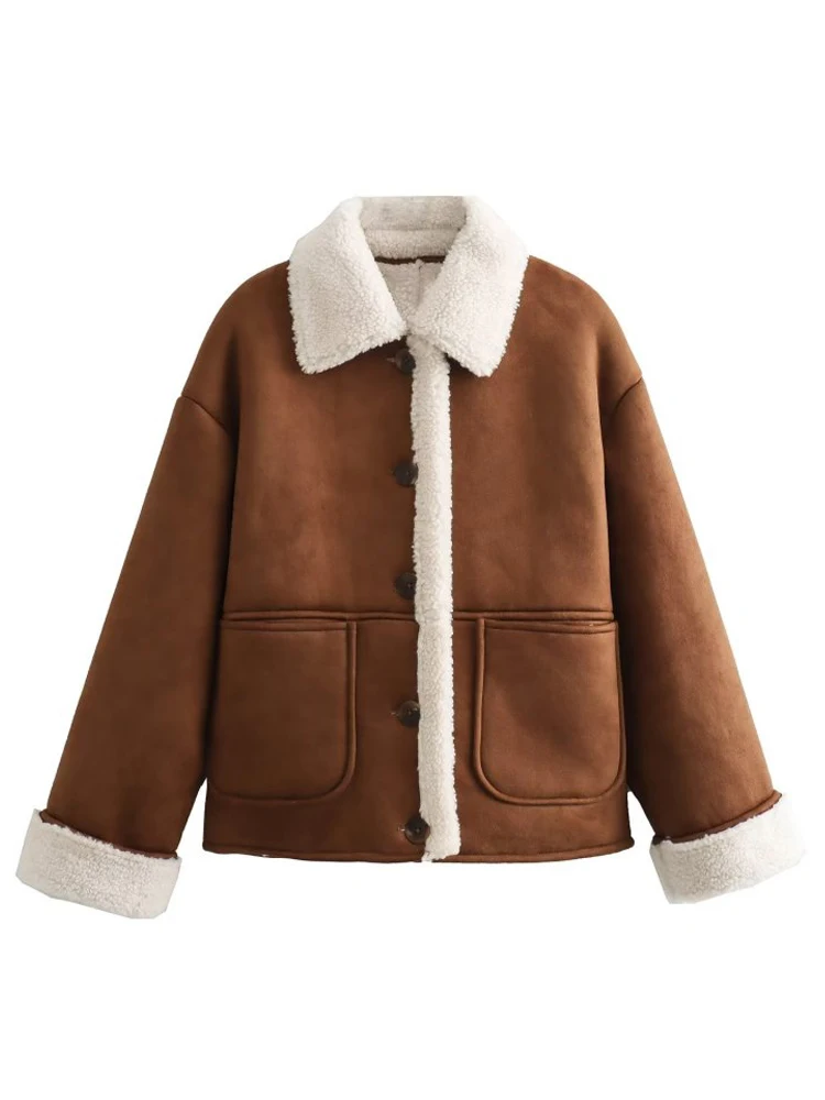 

TRAF Women's Fashion Long Sleeve Jacket Coat 2023 Winter Female Thick and Warm Faux Leather Solid Jacket Women Streetwear