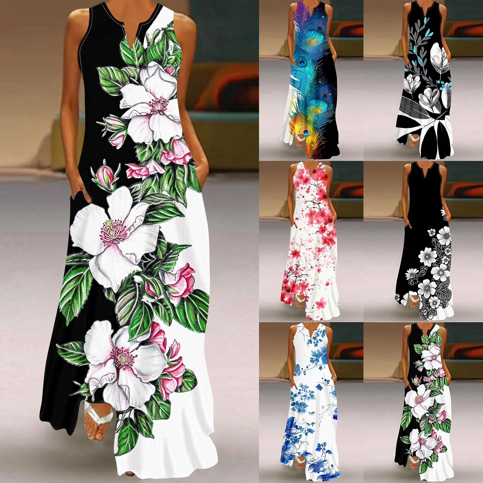 

Ringer Dress Vintage Womens Summer Dress Sleeveless V Neck Maxi Dress Elegant Beach Womens Sleeveless Casual Cotton Flare Dress