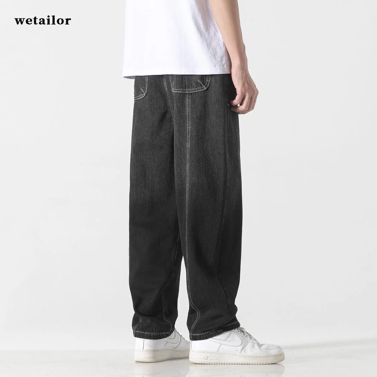 Black Men's And Women Jeans Gradient Wide Leg Jeans For High Waist Pants Blue Straight Loose Distressed Street Jeans Gradient