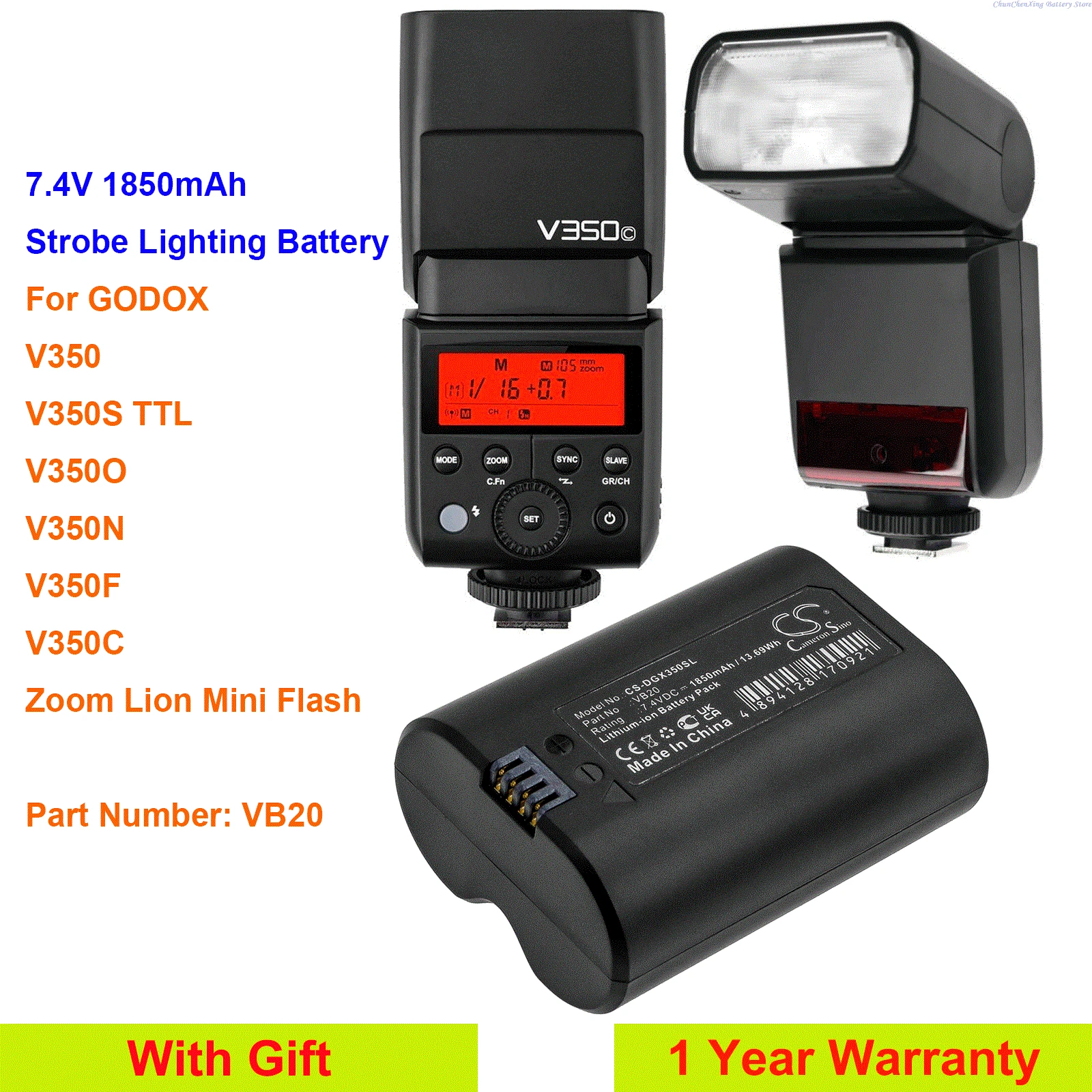 

Миниатюрная вспышка Cameron Sino, 7,4 В, 1850 мАч, аккумулятор VB20 для GODOX V350, V350S TTL, V350O, V350N,V350F,V350C, Zoom Lion