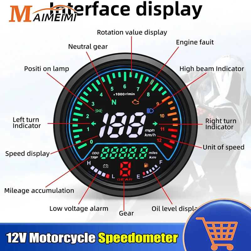 12V Motorcycle Speedometer Odometer Gauge Universal LED Multi-function ...
