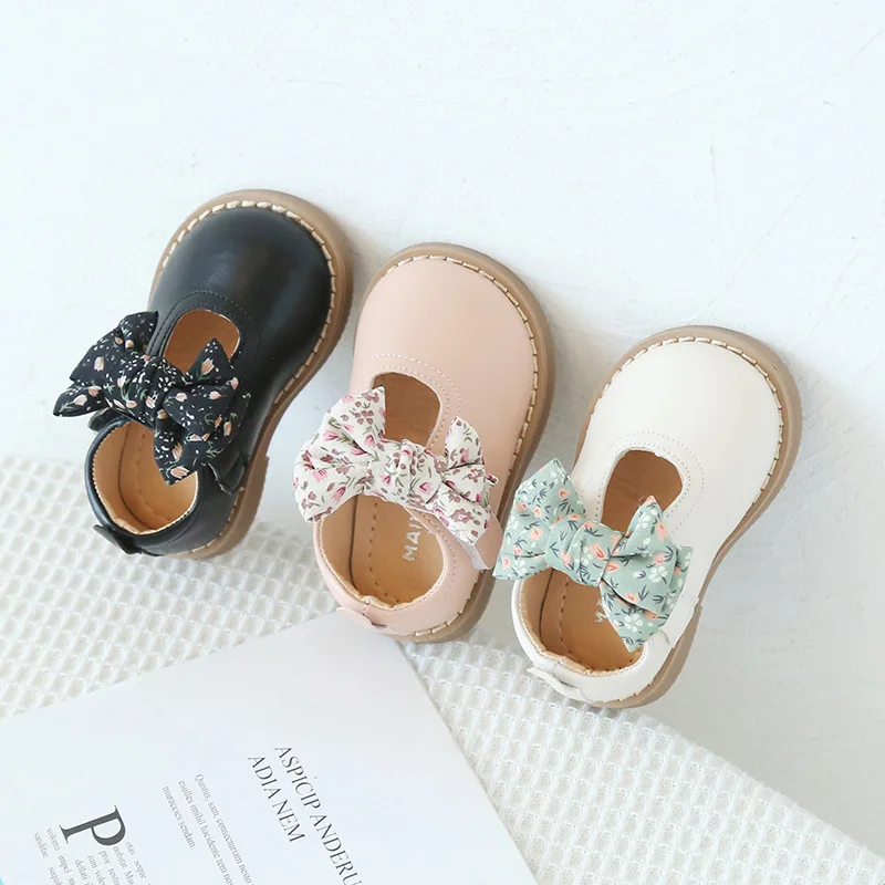 

Girls' Small Leather Shoes Spring Autumn Girls' Single Flats Japanese Floral Bowknot Children's Princess Shoes