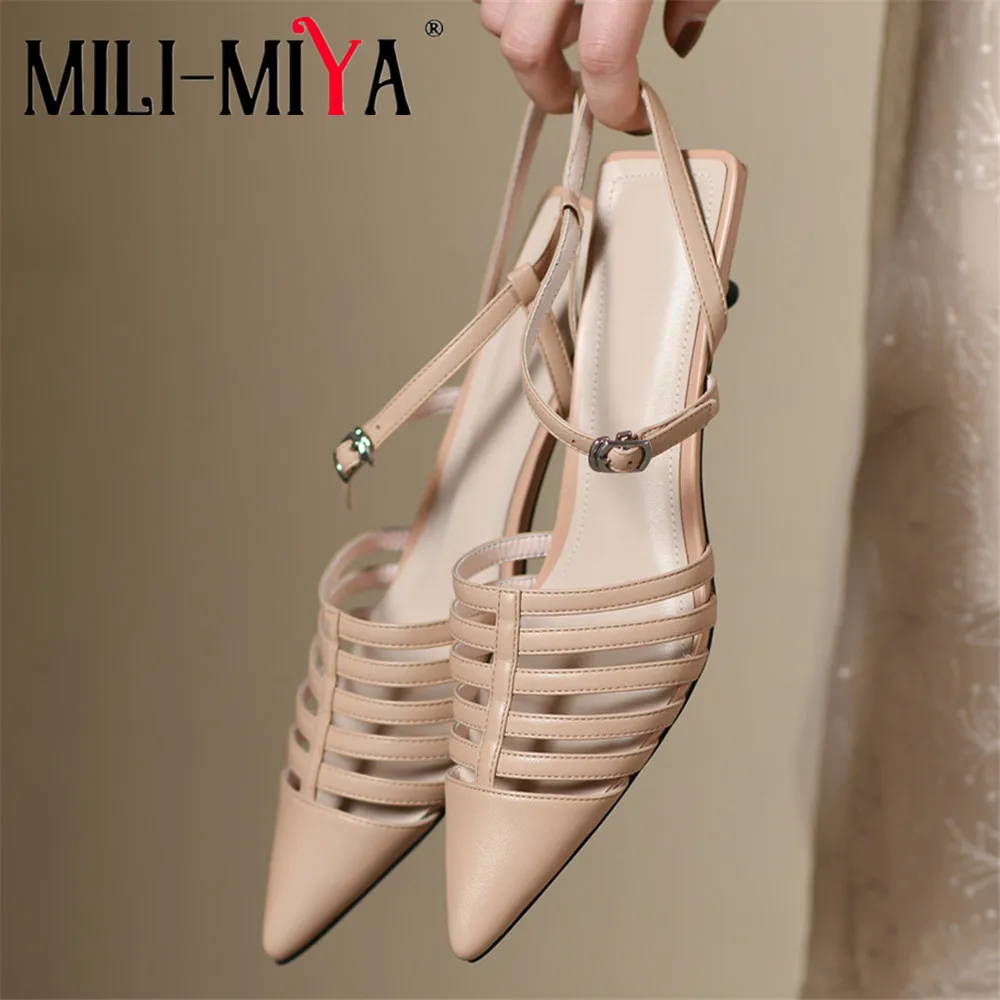 

MILI-MIYA New Arrival Women Full Genuine Leather Sandals Fashion Pointed Toe Slingback Comfortable Low Thin Heels Buckle Strap