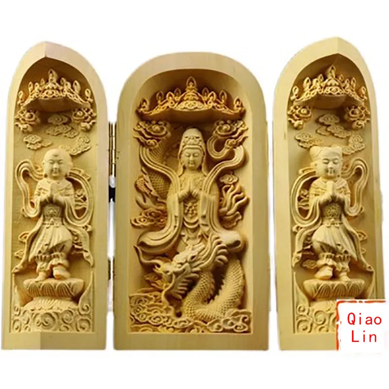 Solid Wood Carving Three Open Buddha Statue, Collapsible Sculpture, Living Room and Bedroom Decoration, Modern Art