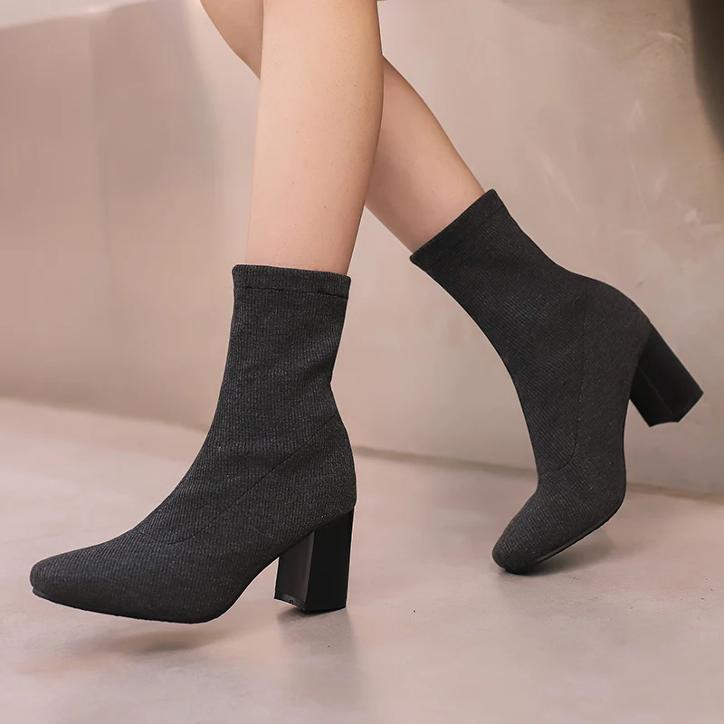 

Block Heeled Ankle Boots For Woman Chunky Heel Stretch Sock Booties Botas