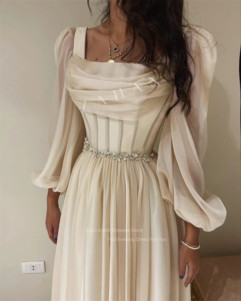 Women Prom Dresses Chiffon Long Sleeves Prom Dresses Pleats Crystal Beaded Prom Gowns Formal Party Elegant Gowns Dubai Evening Dress