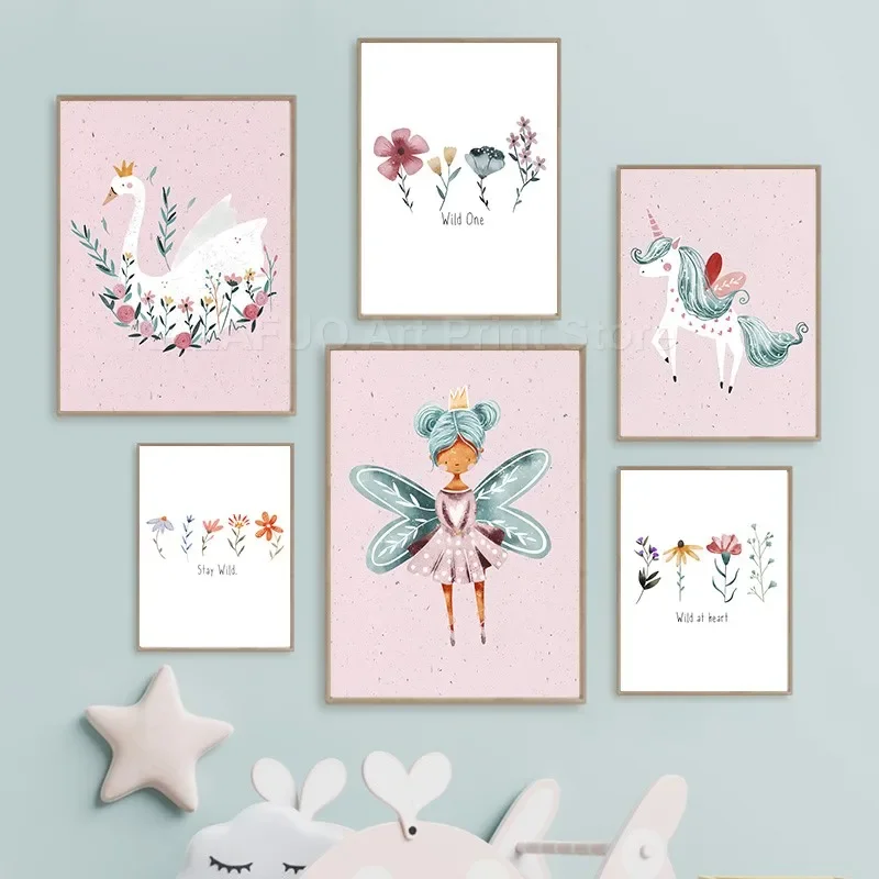Princess Swan Unicorn Wildflower Wall Art Canvas Painting Poster E Stampe Picture For Baby Kids Room Decorazione Della Scuola Materna Delle Fiabe