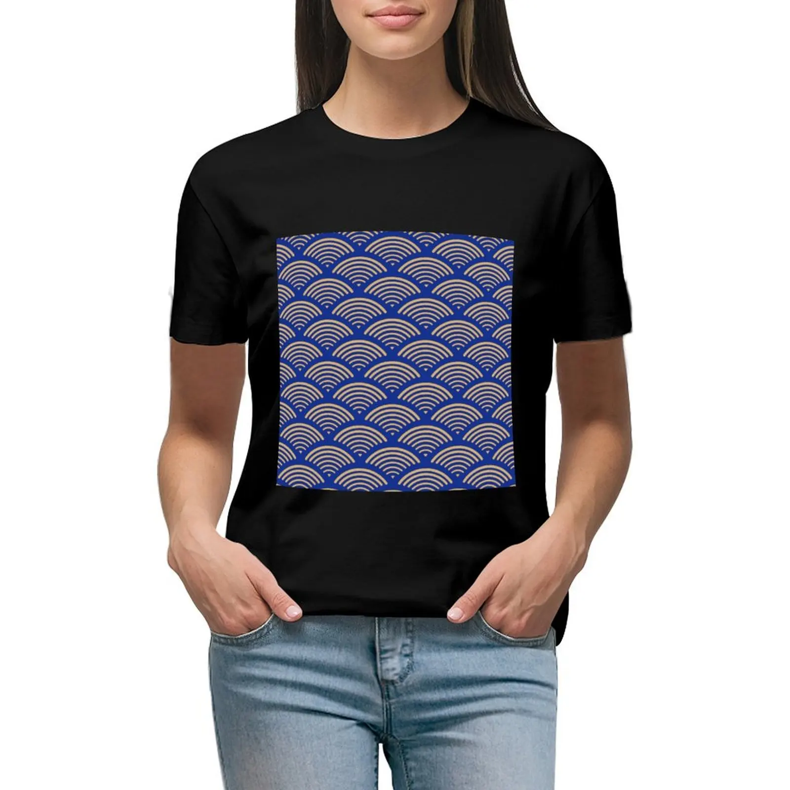 

Japanese Ocean Wave Pattern Design SEIGAIHA and blue T-shirt summer clothes t-shirt dress for Women long