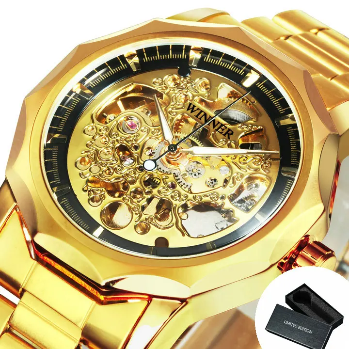 Luxury Gold Skeleton Automatic Men's Watch with Stainless Steel Strap