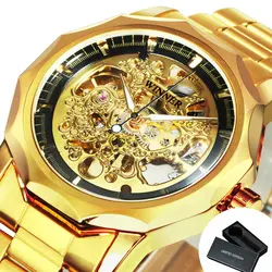 Luxury Gold Skeleton Automatic Men's Watch with Stainless Steel Strap (BOX GOLD BLACK)