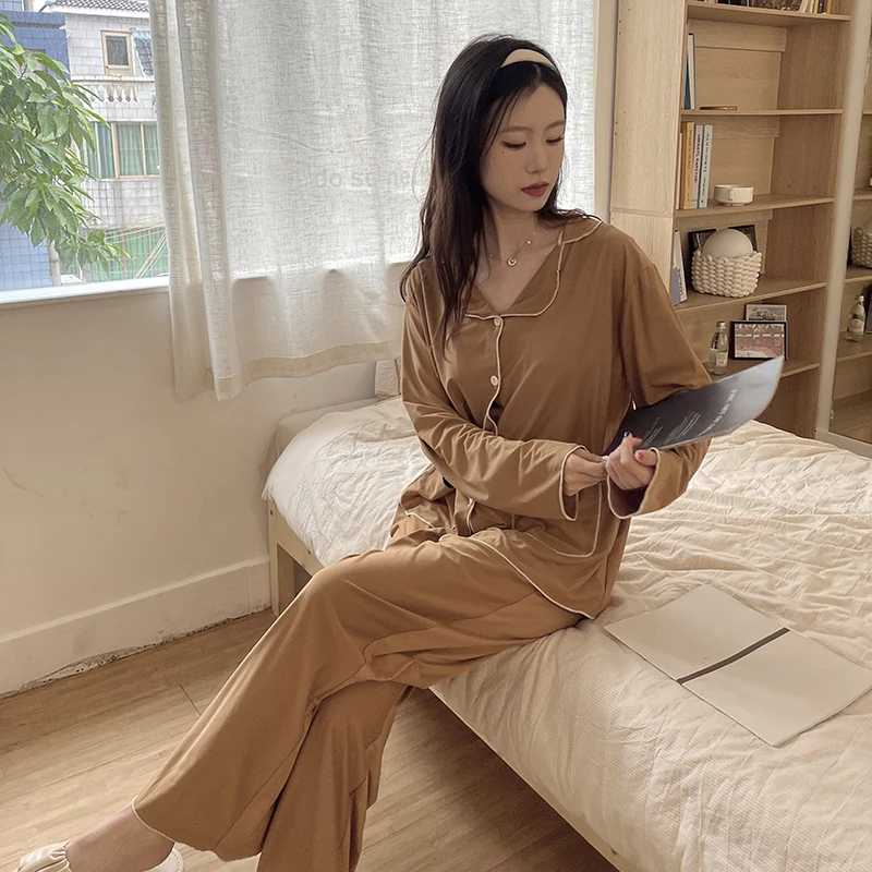 Spring new style pajamas women's long sleeve cotton like thin summer cotton like cute sweet lapel cardigan casual home suit