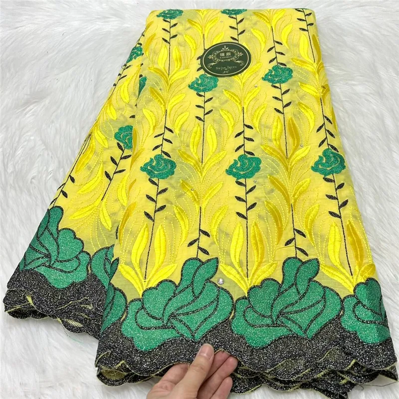 

5 yard Swiss voile lace fabric heavy beaded embroidery African High Qualit 100% cotton With diamonds popular Dubai style 3L10902
