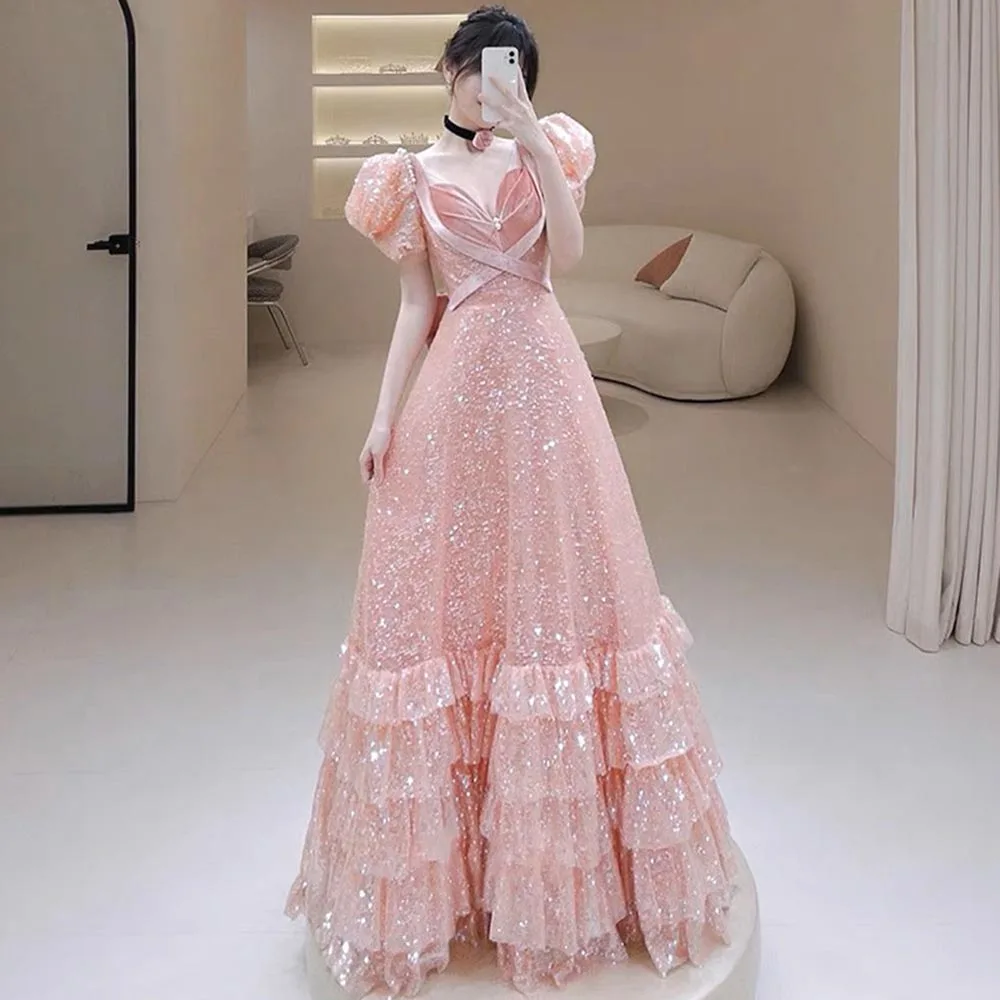 

Bling Bling Pink Women Evening Dresses Sequins Prom Party Gowns Formal Occasion Vestido De Noche Abendkleider robes de soirée
