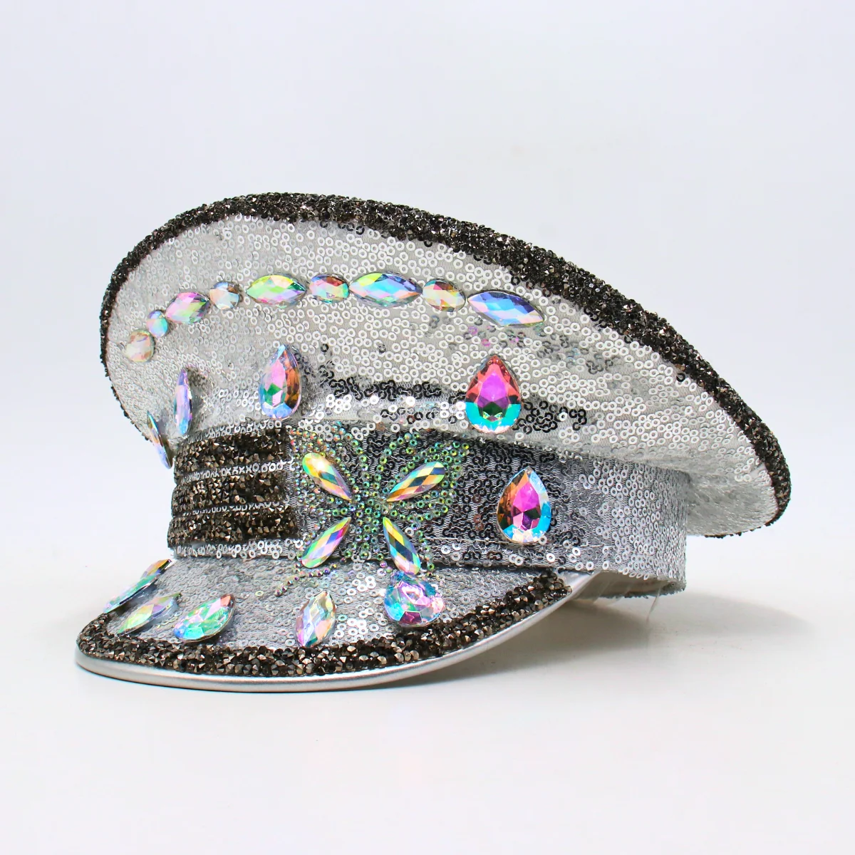 女性のための蝶のラインストーンミリタリーキャップ、手作りのブライダル、燃焼帽子、カラフルなパーティー、キャプテンサージェントの帽子、豪華、新しい