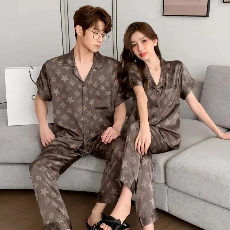 Fashionable new simulation silk pajamas for men and women, short sleeved long pants, couple's home clothing set