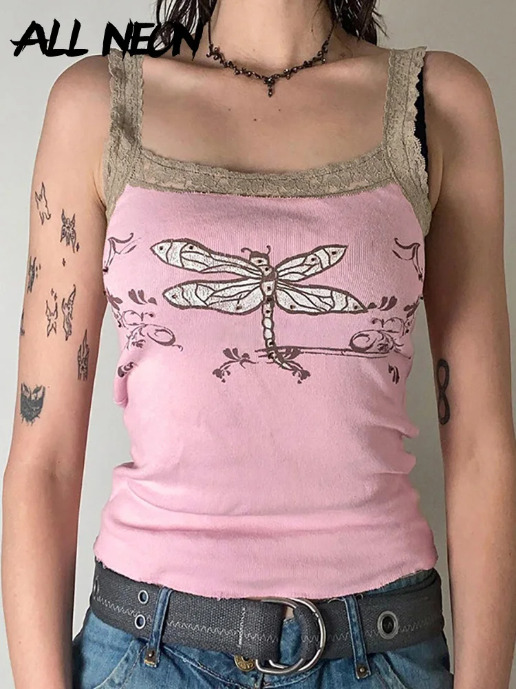 

ALLNeon Kawaii 2000s Fashion Dragonfly Print Lace Trim Cami Tops Aesthetics Y2K Cute Pink Straped Cropped Tanks E-girl Outfits