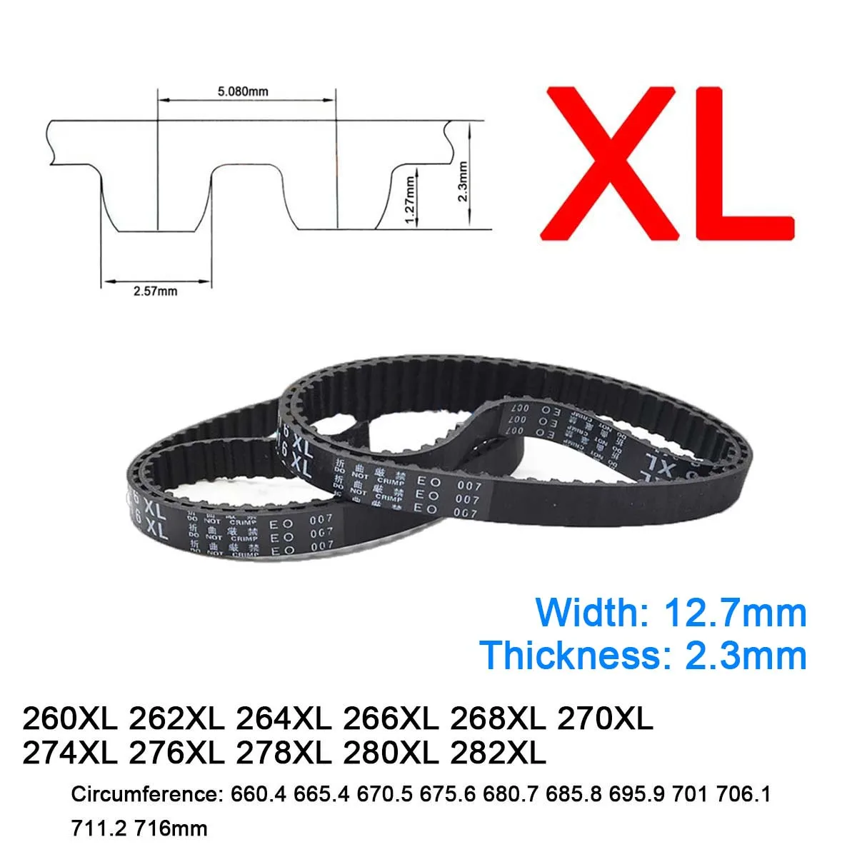

1Pc Width 12.7mm XL Rubber Trapezoid Tooth Timing Belt 260XL 262XL 264XL 266XL 268XL 270XL 274XL 276XL 278XL 280XL 282XL Closed