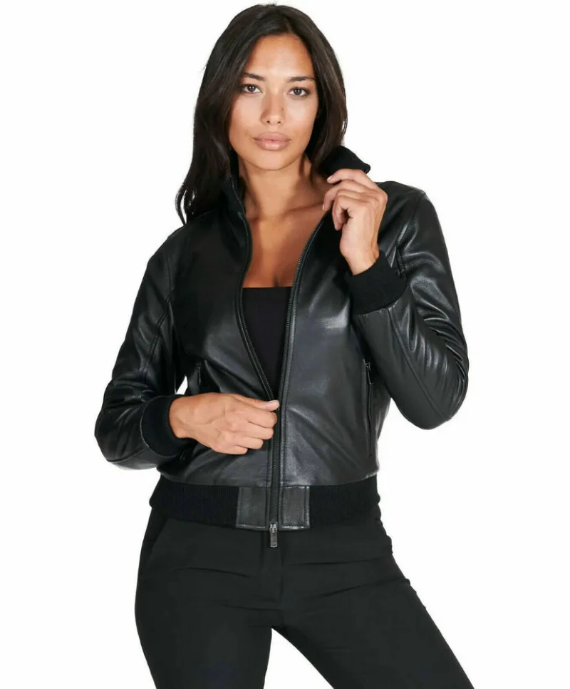 Genuine Leather Women Authentic Lambskin Pure Leather Jacket Black Bomber Biker Coat