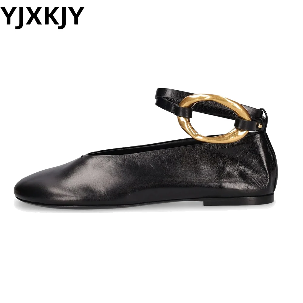 

YJXKJY 2024 Women's Plus Size Roman Style Round Toe Ballet Dance Fashion Gold Button Summer Comfortable Flat Shoes