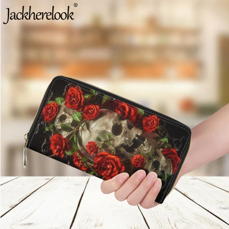 Jackherelook Trendy Women's Leather Luxury Wallet Gothic Skull Rose 3D Print Long Money Bag Teen Girls Clutch Card Holder Purse