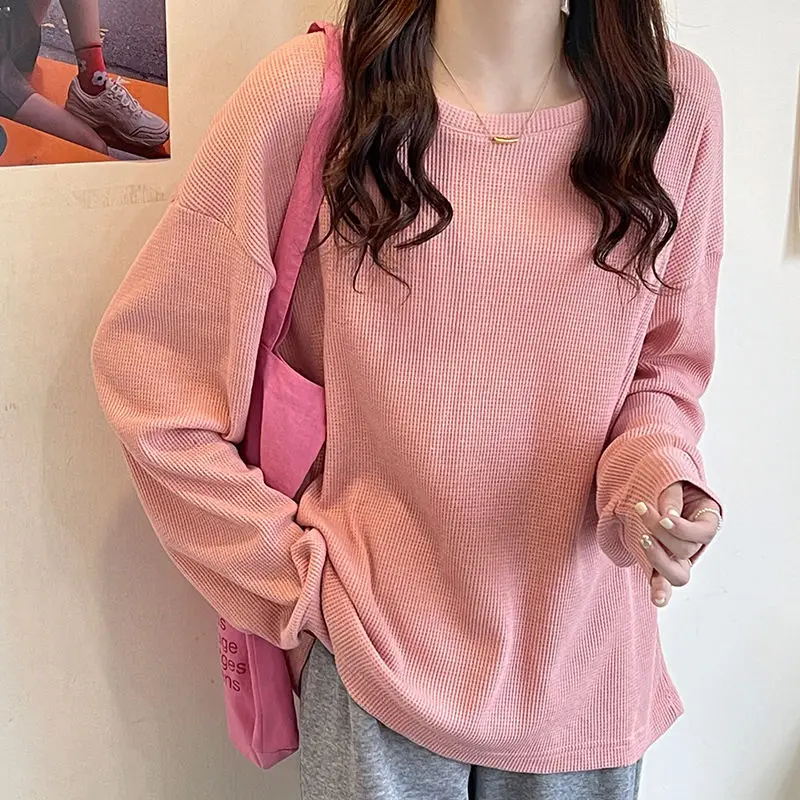

Breathable Solid V Ncek Waffle Autumn Summer Thin Long Sleeve Women T Shirt Brief Fashion Harajuku Casual Oversized Top Clothes