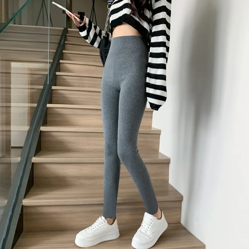 Ribbed Cotton Leggings Women Spring and Autumn Tights High Elastic Skinny Casual Pants Workout Walking Solid Leggings for Women 2
