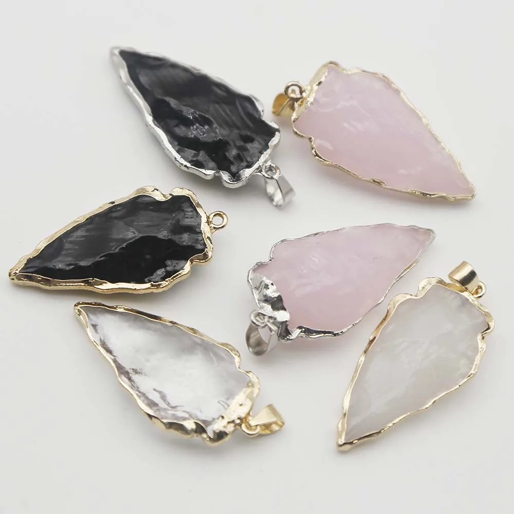 Electroplated Wrap Edge Arrow Shaped Triangle Obsidian Rose Quartz Pendants Jewelry DIY Popular Pendant Necklace Wholesale 6Pcs