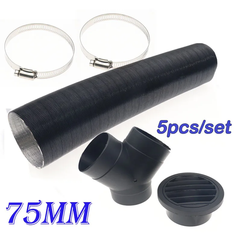 75mm Heater Pipe Duct + Round Flat Warm Air Outlet + Y Piece Vent Hose Clips Set For Webasto Eberspacher Propex Diesel Heater