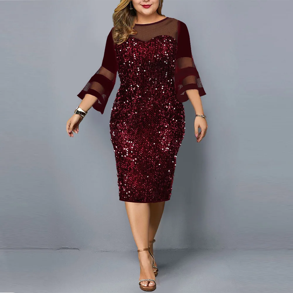 

Plus Size Dresses for Women Spring New Sequin Mesh Splice Three Quarter Sleeve Large Size Women's Dress Wrapped Hip Dresses