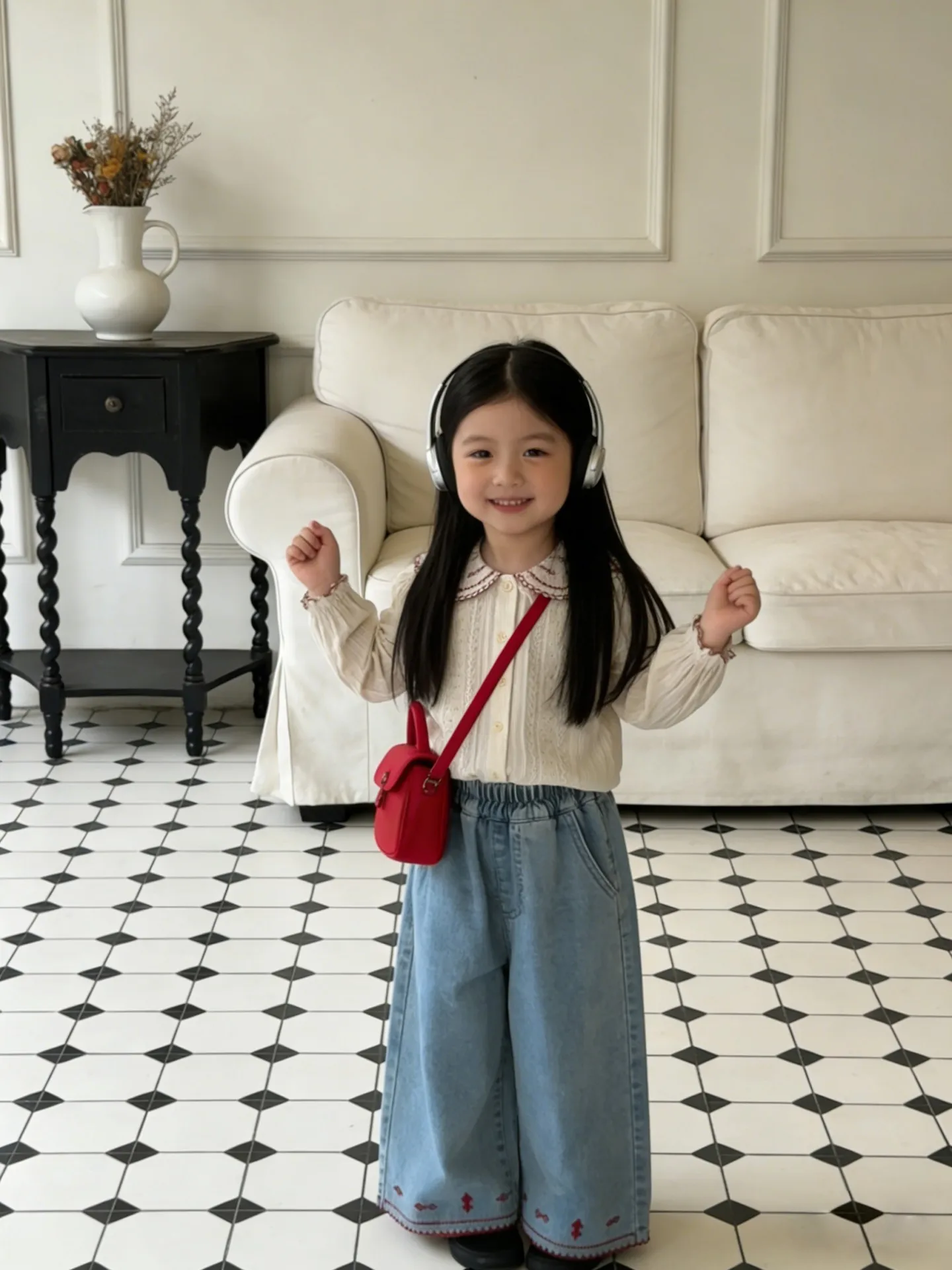 YMGN  여아 블루 데님 스커트, 신축성 있는 허리 레드 자수 밑단 캐주얼 A라인 미디 키즈 하의