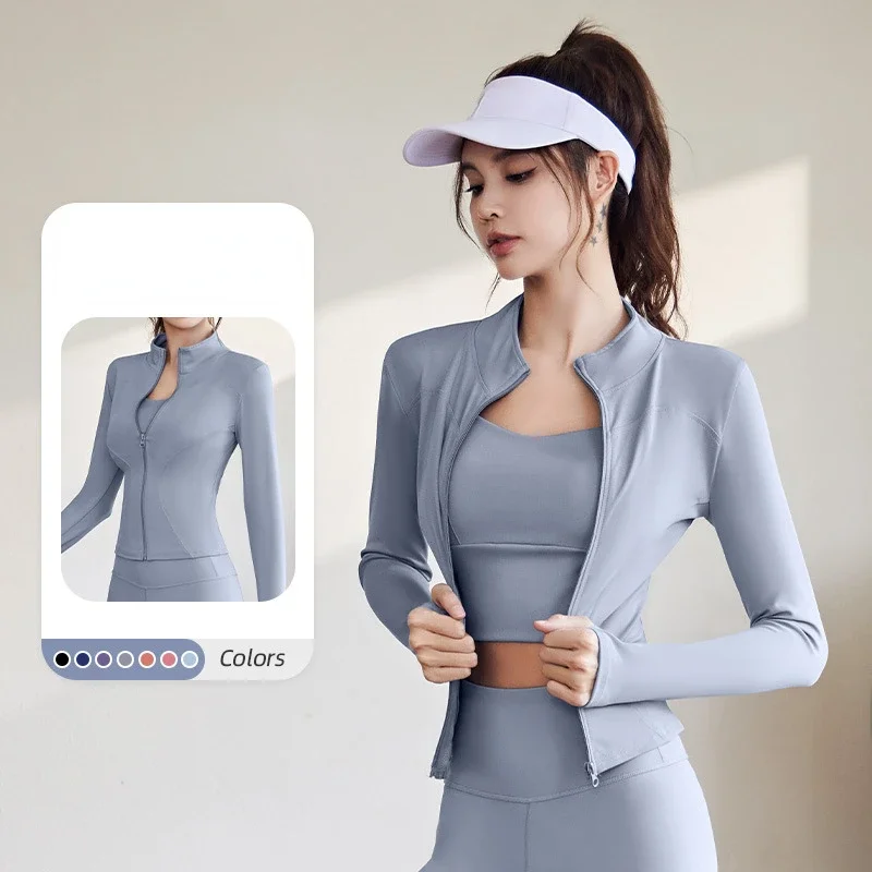 Sports Yoga Jacket Tight Fitting Quick Drying Breathable Windproof Standing Collar Running Yoga Fitness Suit Thumb Buckle