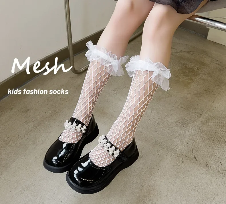 Children Girls Bow Fishnet Stitch Cute Knee High Long Socks Summer Baby Kids Mesh Lolita Net Vintage White Black Floor Stockings