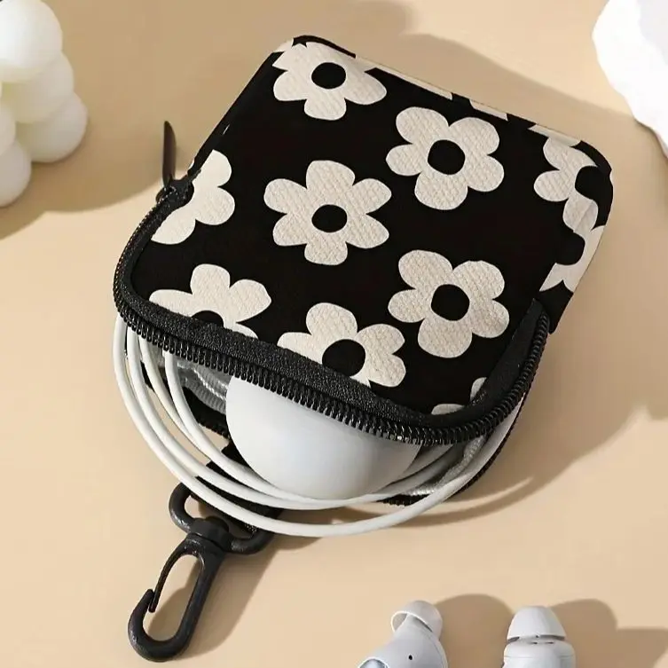 Portamonete nero stampato, borsa portaoggetti con cerniera in similpelle, mini supporto per cuffie