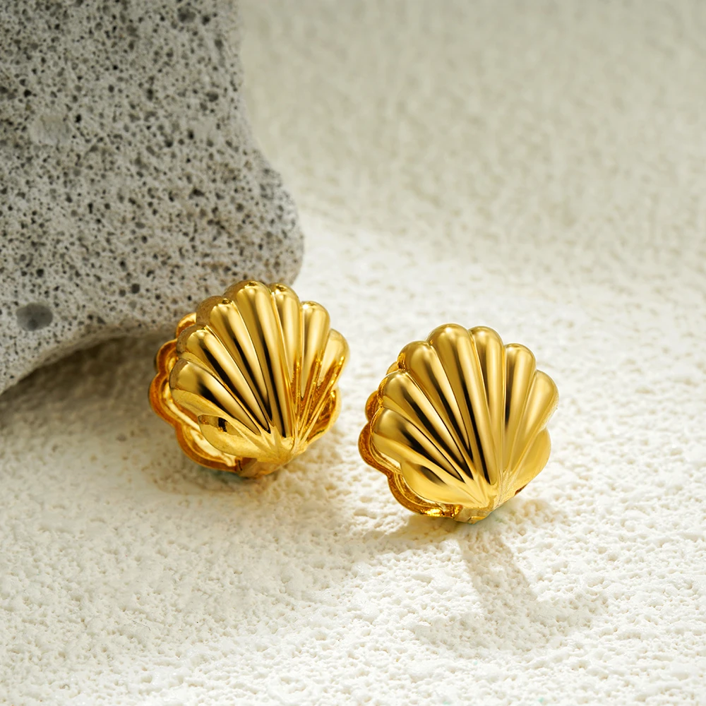 18k Gold Plated Stainless Steel Clip Earrings for Womens Shell-shaped Double-sided Ear Buckle Jewelry