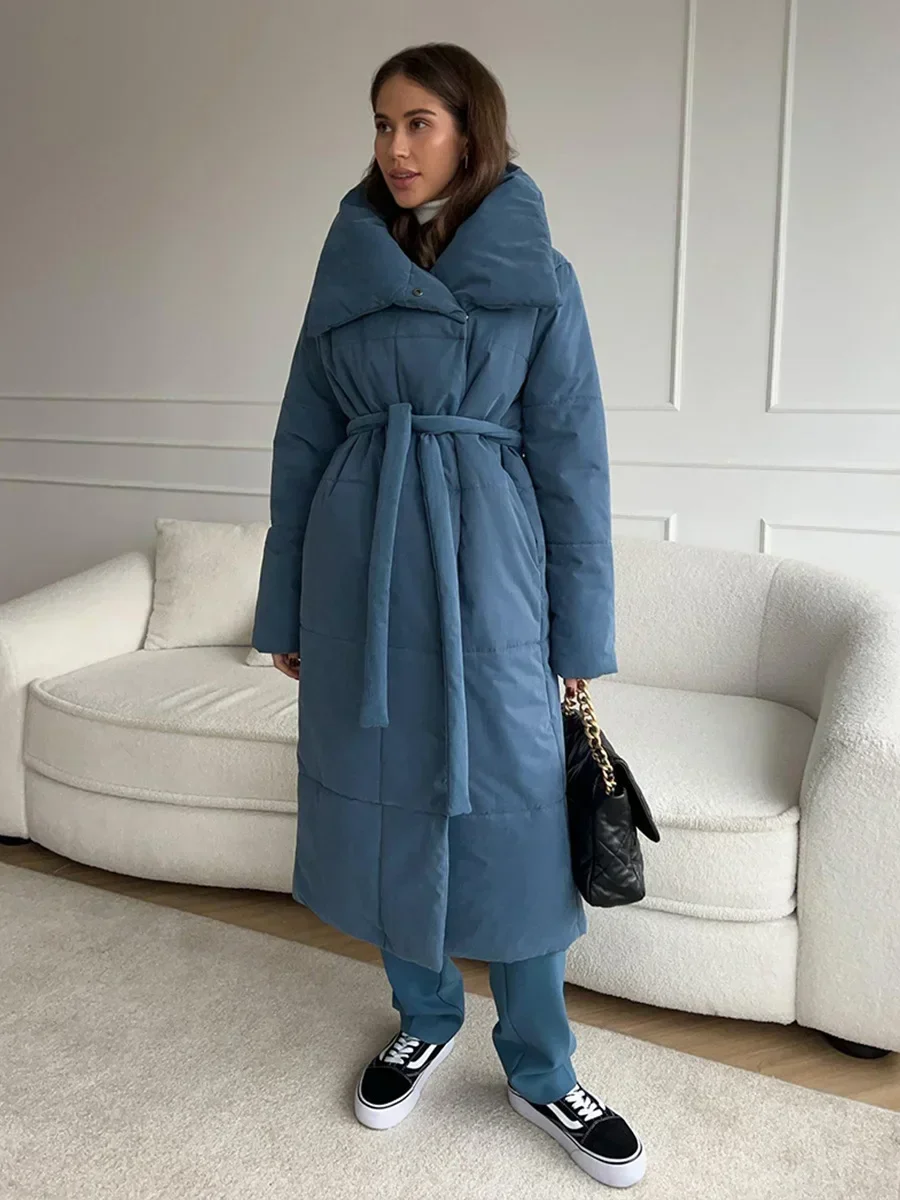 Bornladies Women Loose Quilted Jackets Parkas Winter Coats Oversized Warm Long Belt Puffer Jackets Ladies Cotton Padded Jacket 3