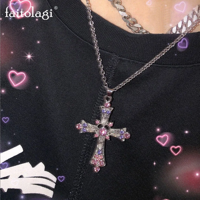 Collana Girocollo Con Ciondolo Croce In Cristallo Blu – Gioiello Vintage Punk Scintillante Per Donna - 2