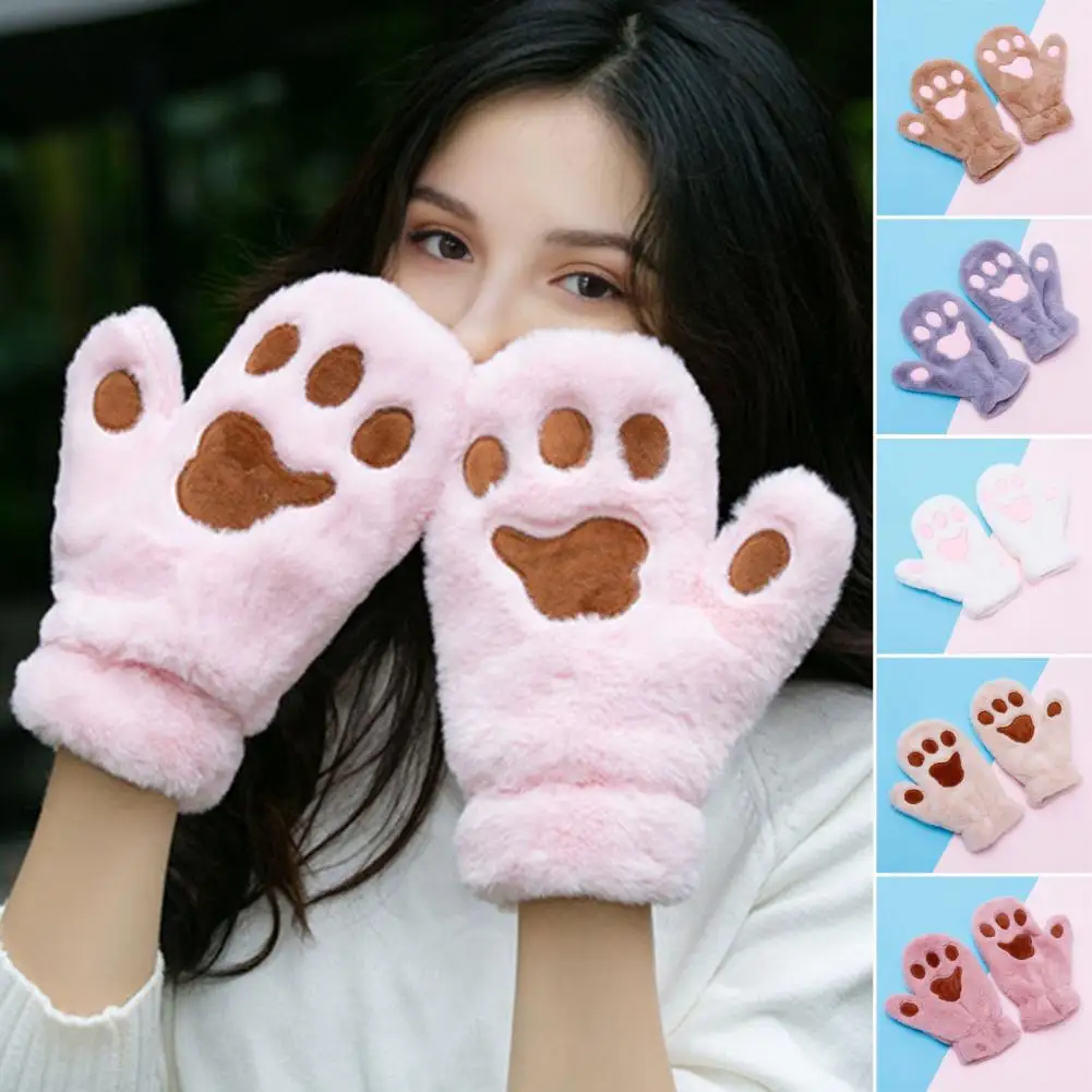 Novelty Gloves Warm Cozy Cartoon Cat Paw Mittens for Women Thick Plush Winter Gloves with Anti-slip Grip for Skiing Cycling Cozy