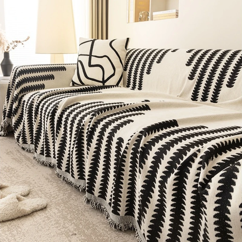1pc Chenille Sofa Towel & 1pc Waffle Pillow Case, Sofa Towel for Living Room French Style Home Decor Sofa Cover Tassel Edge 5