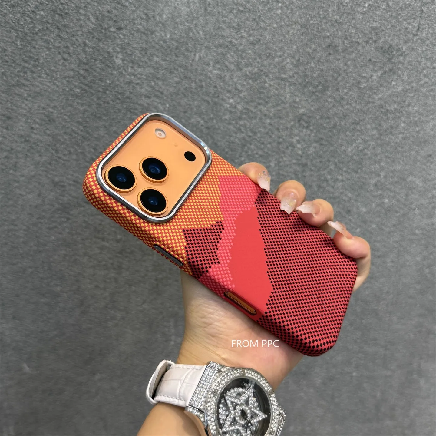 Orange Mountain Peak Carbon Relief Phone Case with Camera Lens Protection, Hard PC MagSafe Shell