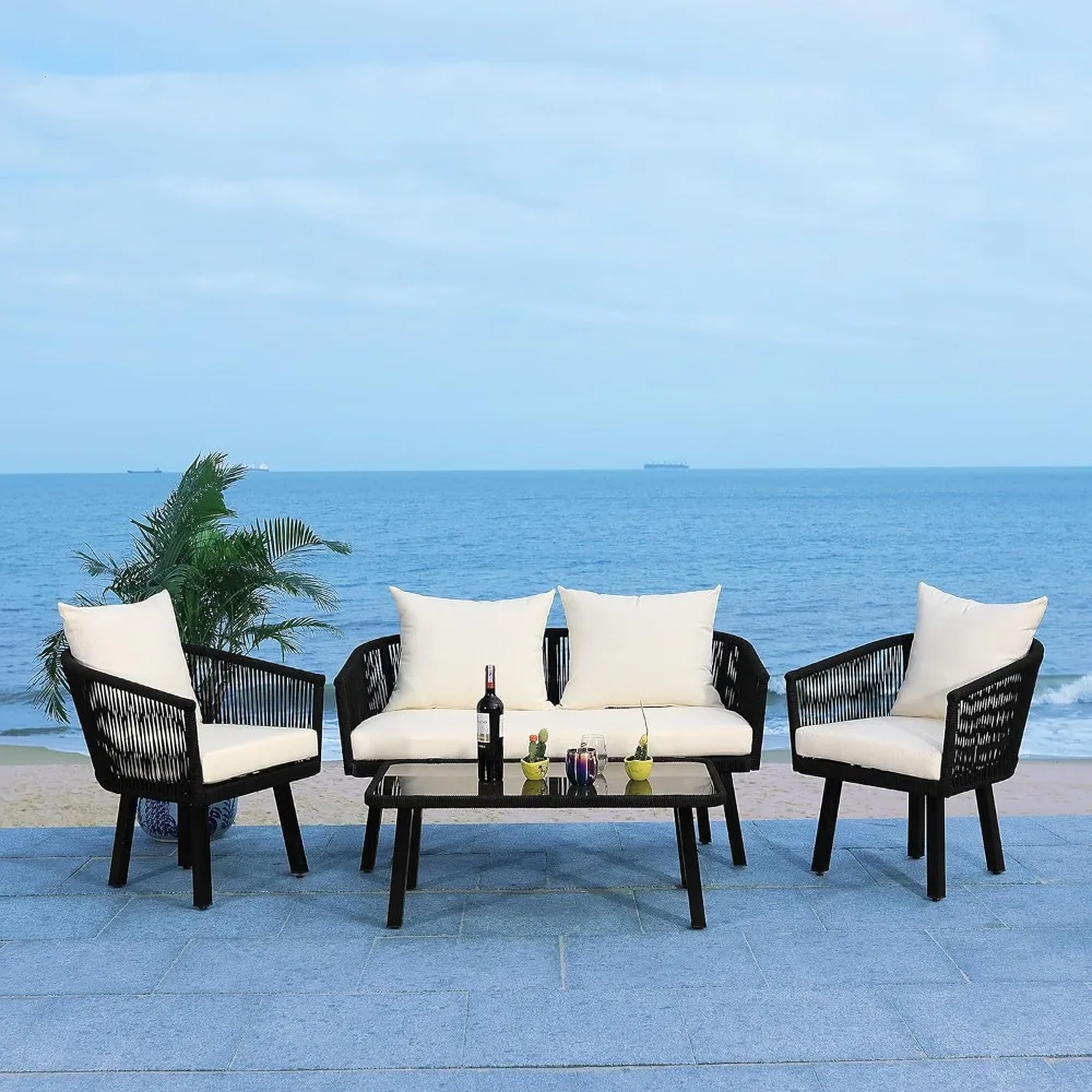 

Outdoor Collection Wicker Cushion 4-Piece Rope Patio Backyard Living Set Black/Beige Rattan Outdoor Furniture Sets Garden Room