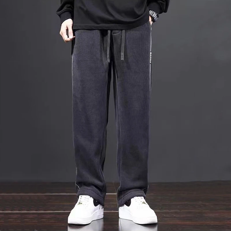 Spring Autumn New Fashion Casual Pants Men Solid Striped Elastic Waist Patchwork Drawstring Pocket Versatile Straight Trousers