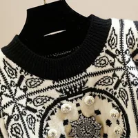 Geometric Knitted Soft Diamonds Beading Vintage O-Neck Women's Sweater Korean Fashion Jumpers Female Short Pullovers Chic Tops - Image 3