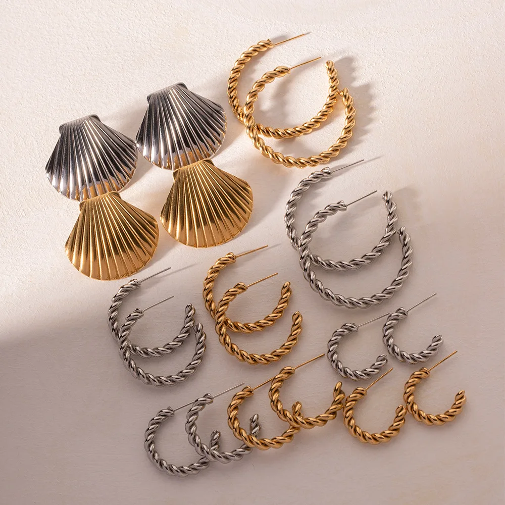 Charm Trend Spiral Twist Open C Shape Hoop Earrings Women Stainless Steel Gold Color Shell Stud Ear Hoops Wedding Jewelry Gift