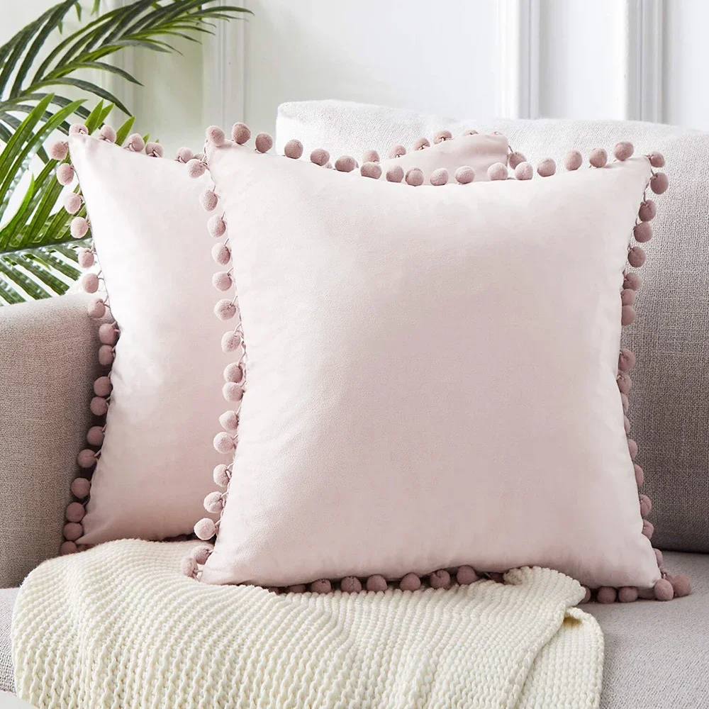 

Soft Velvet Pillowcases Solid Cushion Cover Square Decorative Pillows With Balls For Sofa Bed Car Home Throw Pillow