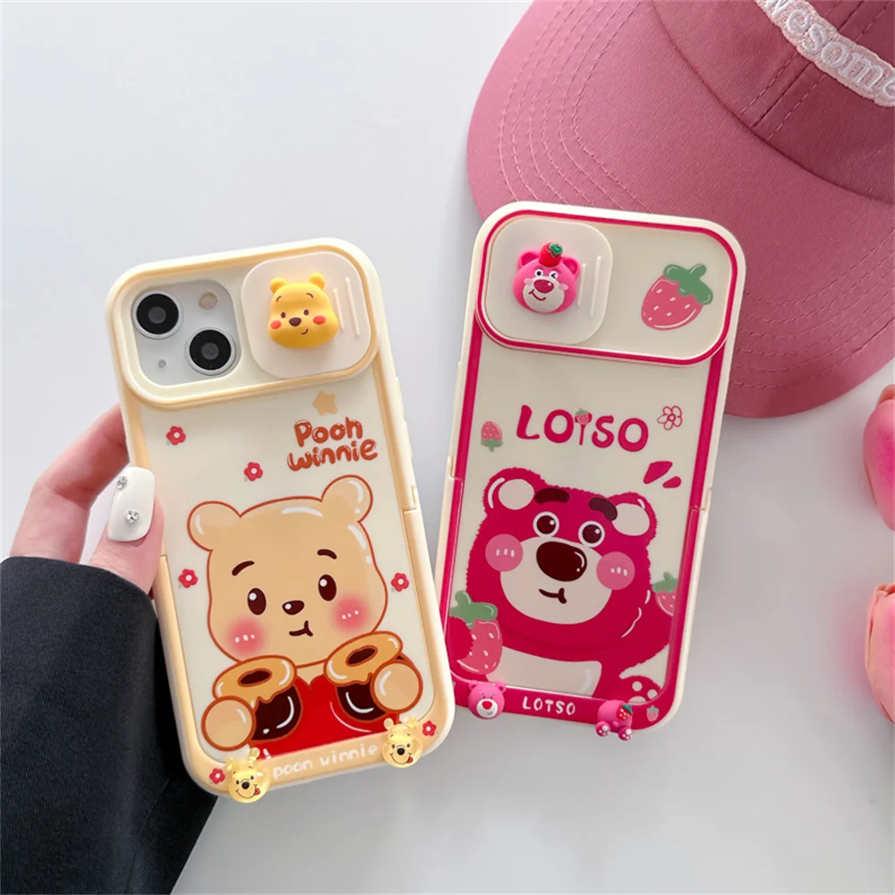 3D Cute Cartoon Anime Role Lotso Pooh Bear Sliding Door Camera Case For Iphone 11 12 13 14 Pro Max Soft Protect Back Cover